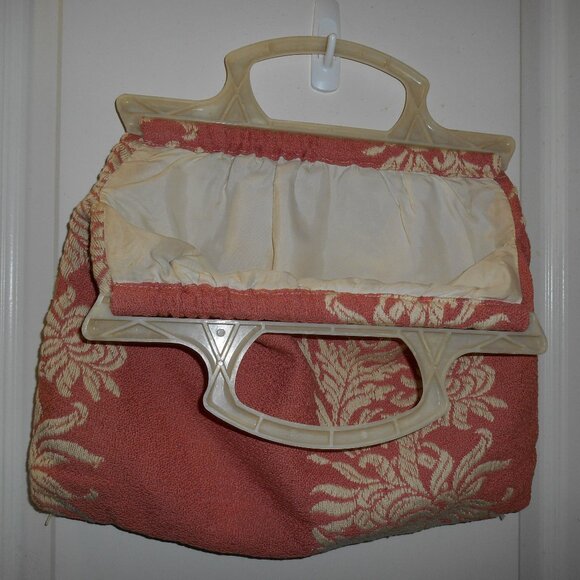 VINTAGE HANDMADE CORAL PINK FLORAL TAPESTRY HANDBAG PURSE - Picture 3 of 10